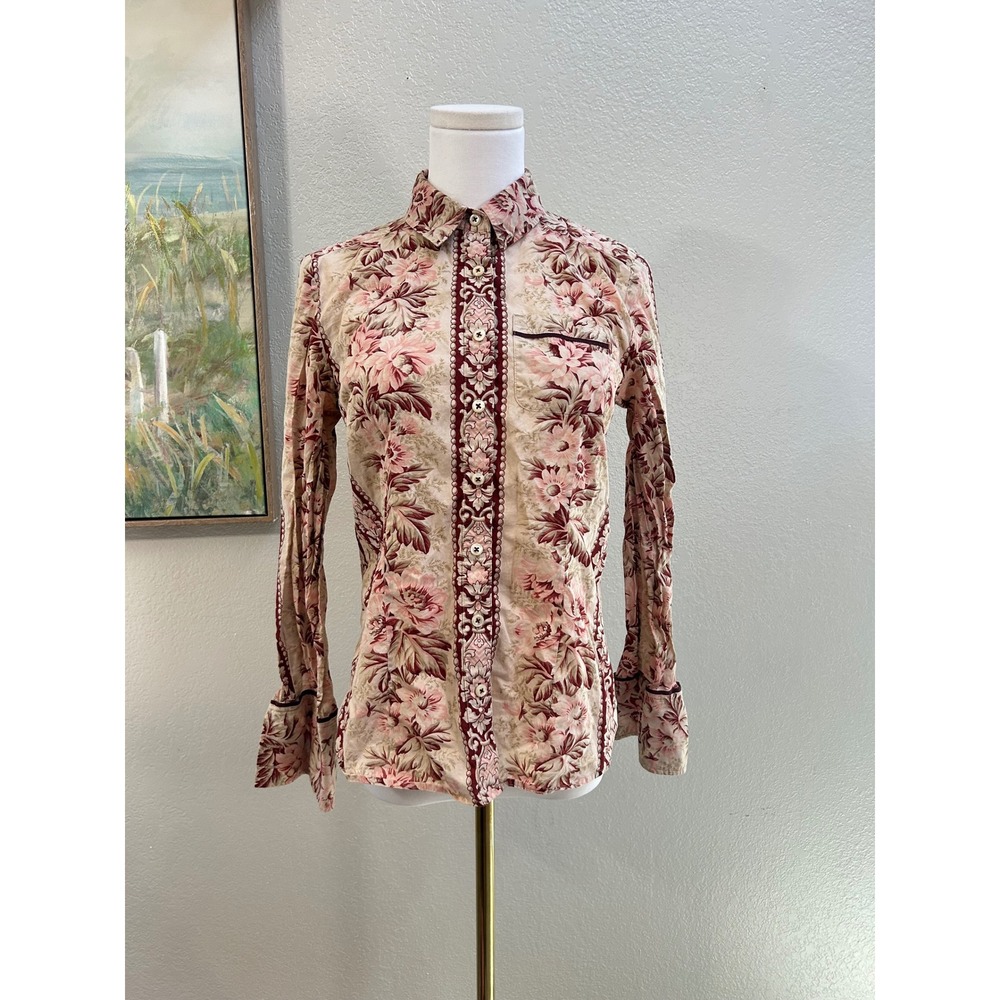 Indigo Palms Chinos Floral Damask Cotton Button Down Shirt Burgundy Pink Small